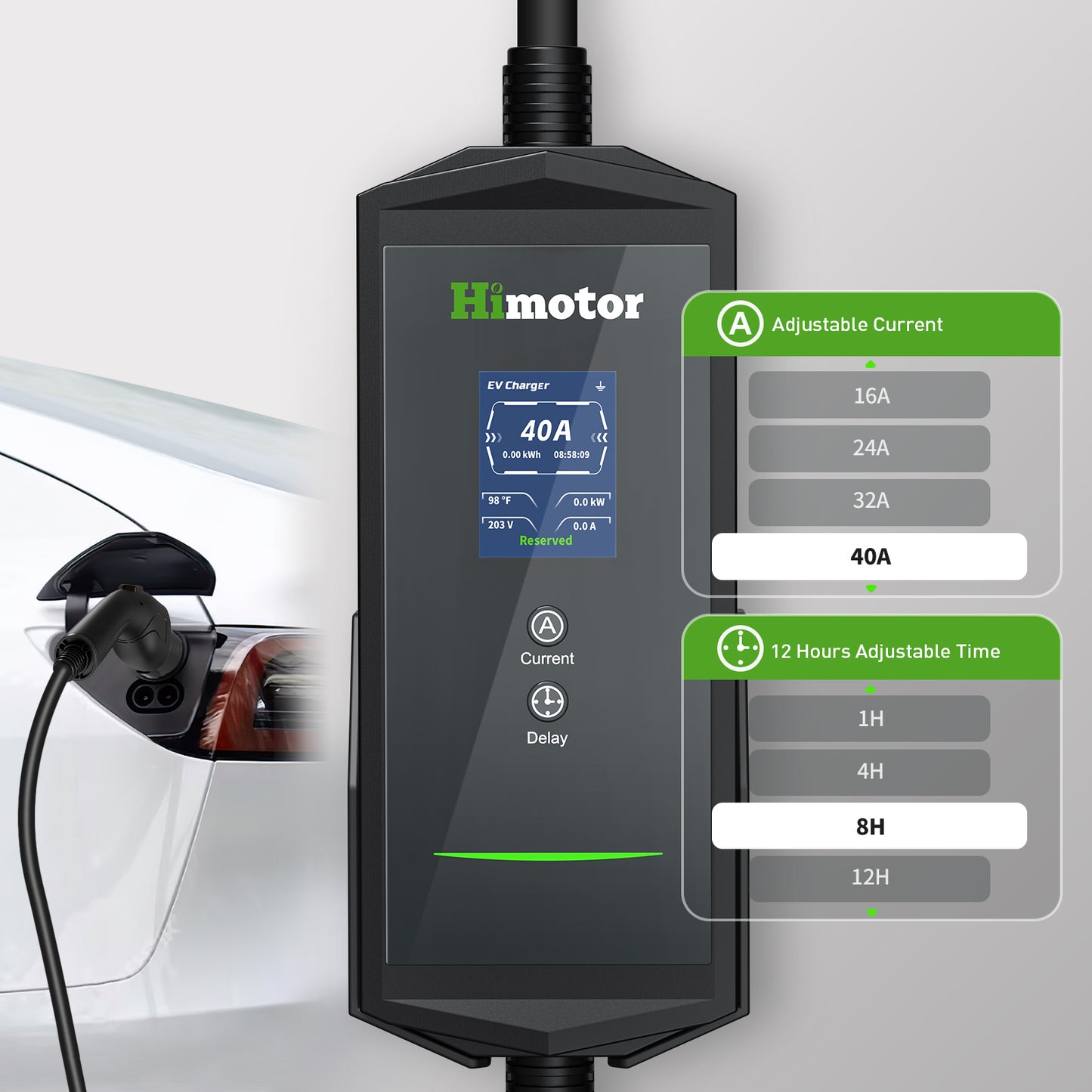 EV Charger Level 2, 16-40A 110-240V, Include J1772 to Tesla Adapter, with 26ft Charge Cable and NEMA 14-50 Plug, with Function of Adjustable Current and Reserve Charging Time