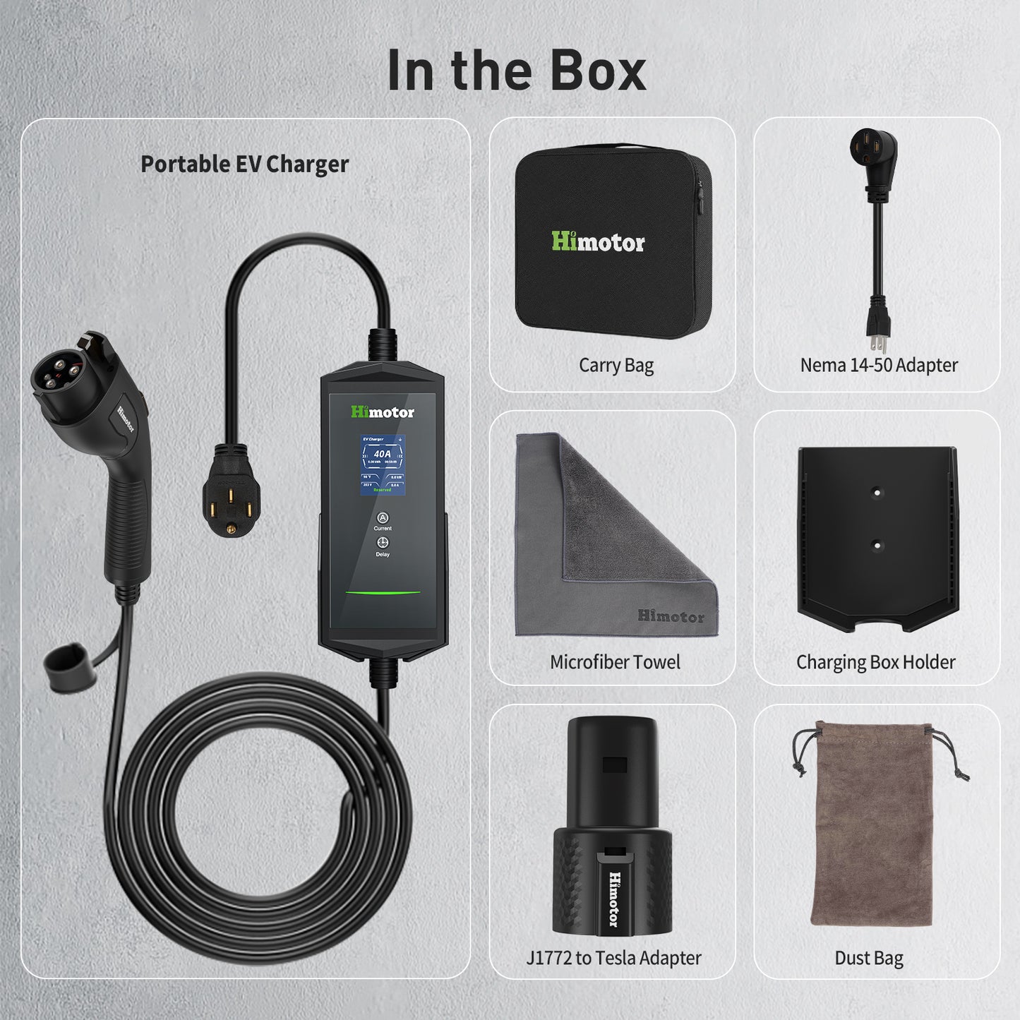 EV Charger Level 2, 16-40A 110-240V, Include J1772 to Tesla Adapter, with 26ft Charge Cable and NEMA 14-50 Plug, with Function of Adjustable Current and Reserve Charging Time
