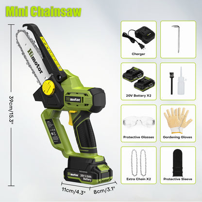 6 Inch Mini Chainsaw - With 2 Battery Packs and Charger, 2 Extra chains, Electric Hand Saw for Brush Cutting, Tree Pruning, Gardening Works