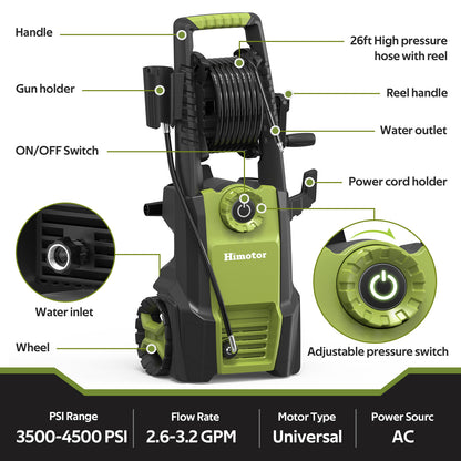 Electric Pressure Washer - with Adjustable PSI Switch, Power Washer with Hose Reel, with Foam Cannon